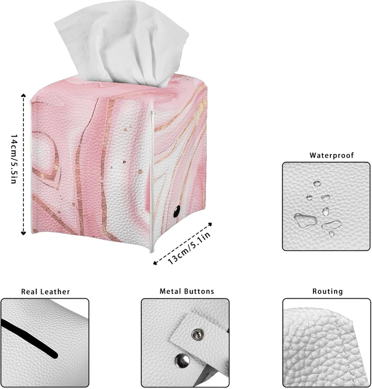 Pink Leather Tissue Box Cover Marble Tissue Box Holder Square Decorative Cube Paper Napkin Organizer for Tabletop Office Car Bathroom