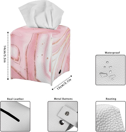 Pink Leather Tissue Box Cover Marble Tissue Box Holder Square Decorative Cube Paper Napkin Organizer for Tabletop Office Car Bathroom