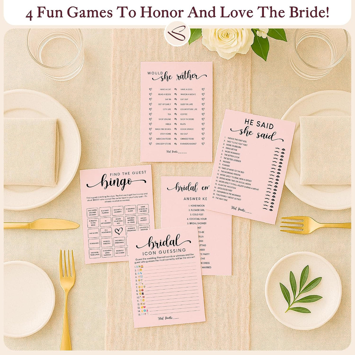 Pink Bridal Shower Games, 4 Games for 30 Guests