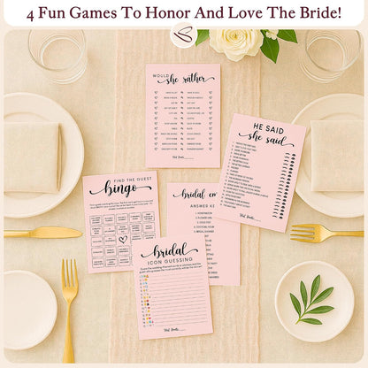 Pink Bridal Shower Games, 4 Games for 30 Guests