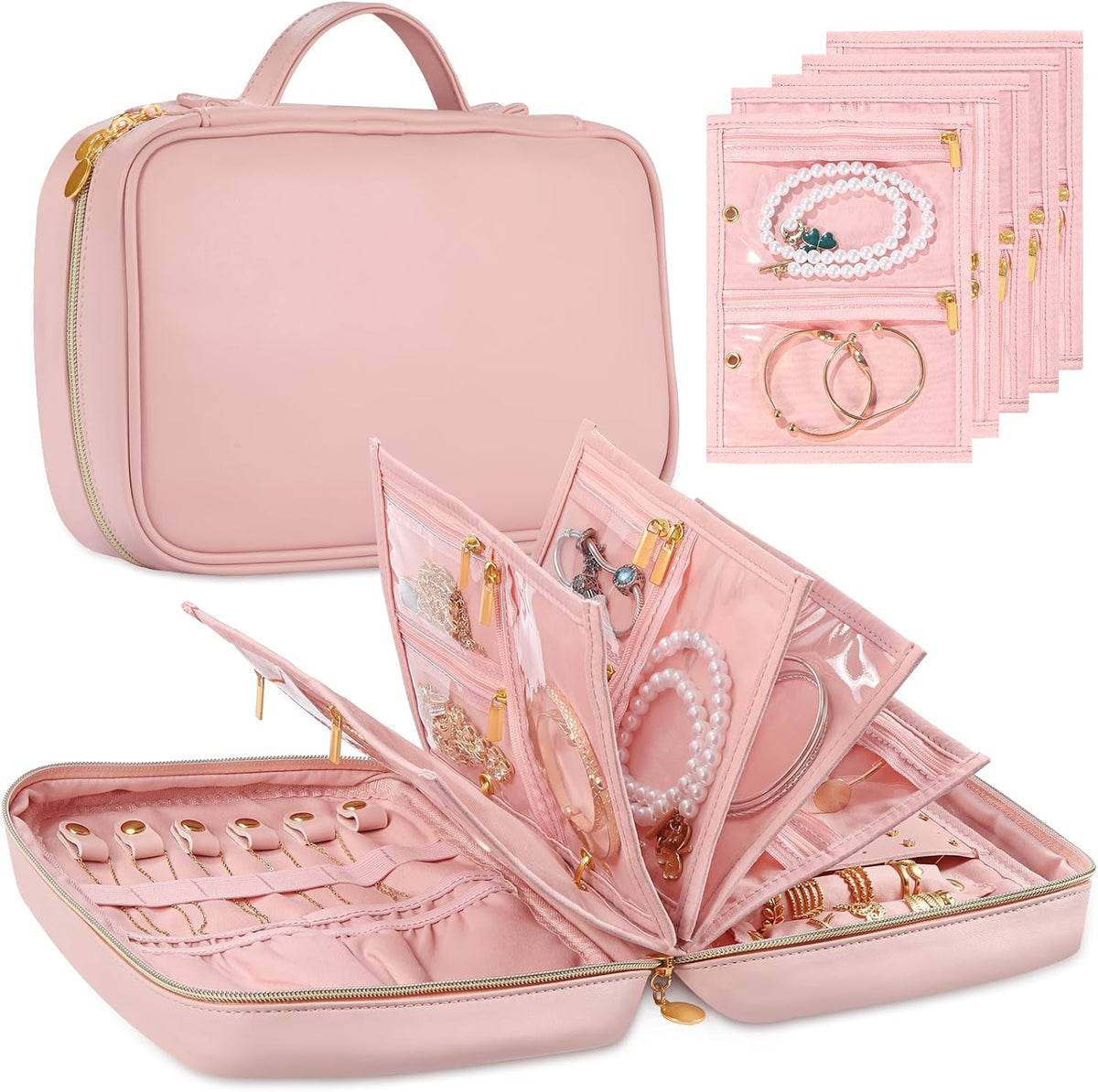 Travel Jewelry Organizer for Women, Detachable Pouches, Tangle-Free, Pink