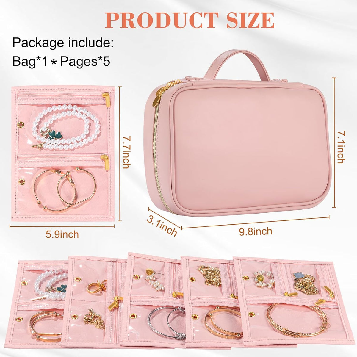 Travel Jewelry Organizer for Women, Detachable Pouches, Tangle-Free, Pink