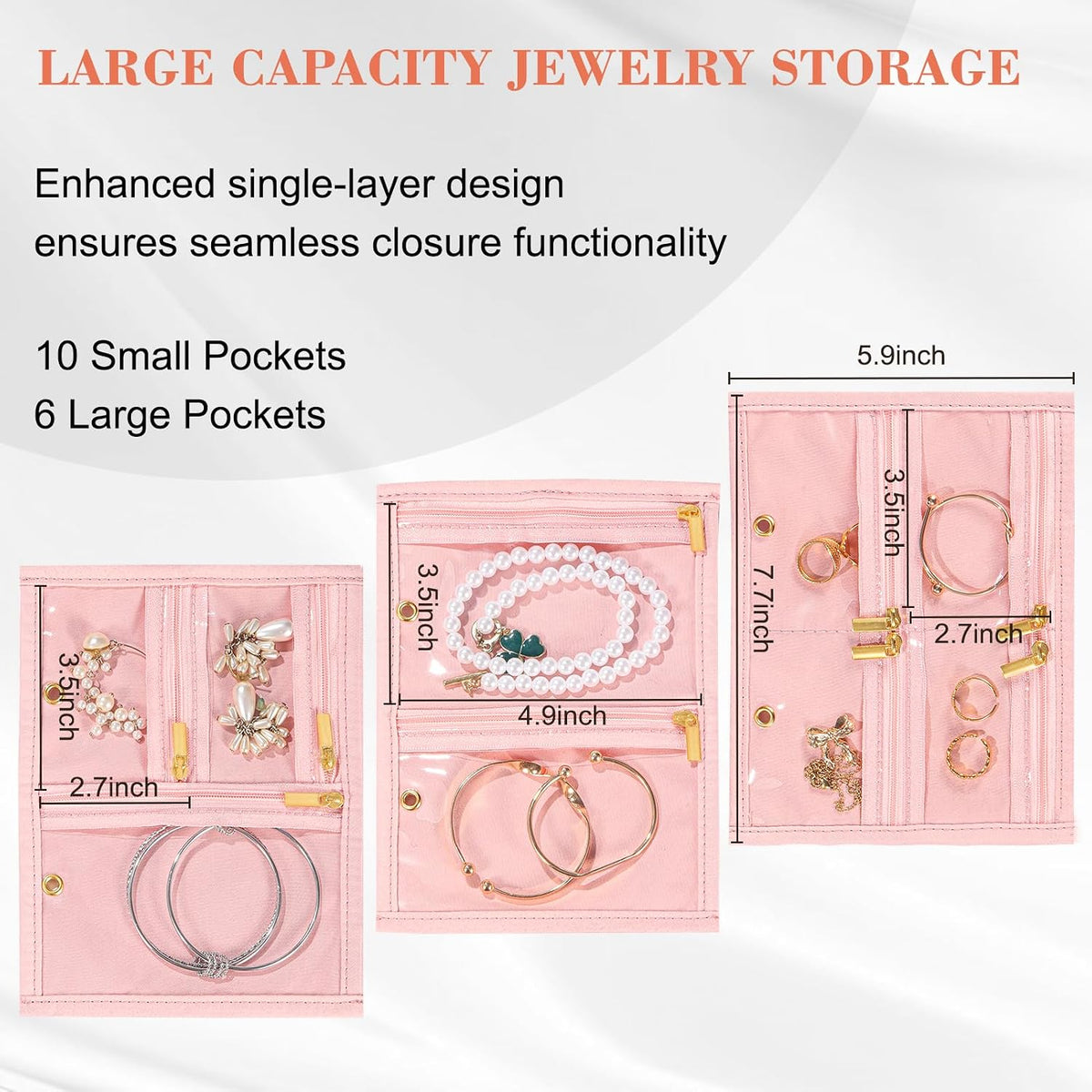 Travel Jewelry Organizer for Women, Detachable Pouches, Tangle-Free, Pink
