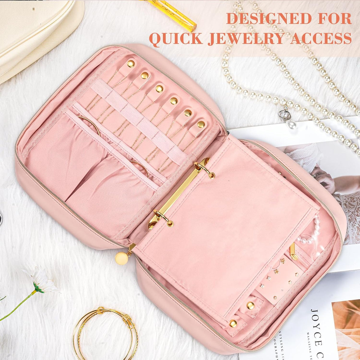 Travel Jewelry Organizer for Women, Detachable Pouches, Tangle-Free, Pink