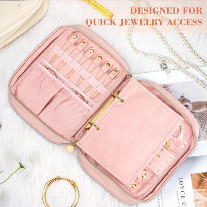 Travel Jewelry Organizer for Women, Detachable Pouches, Tangle-Free, Pink