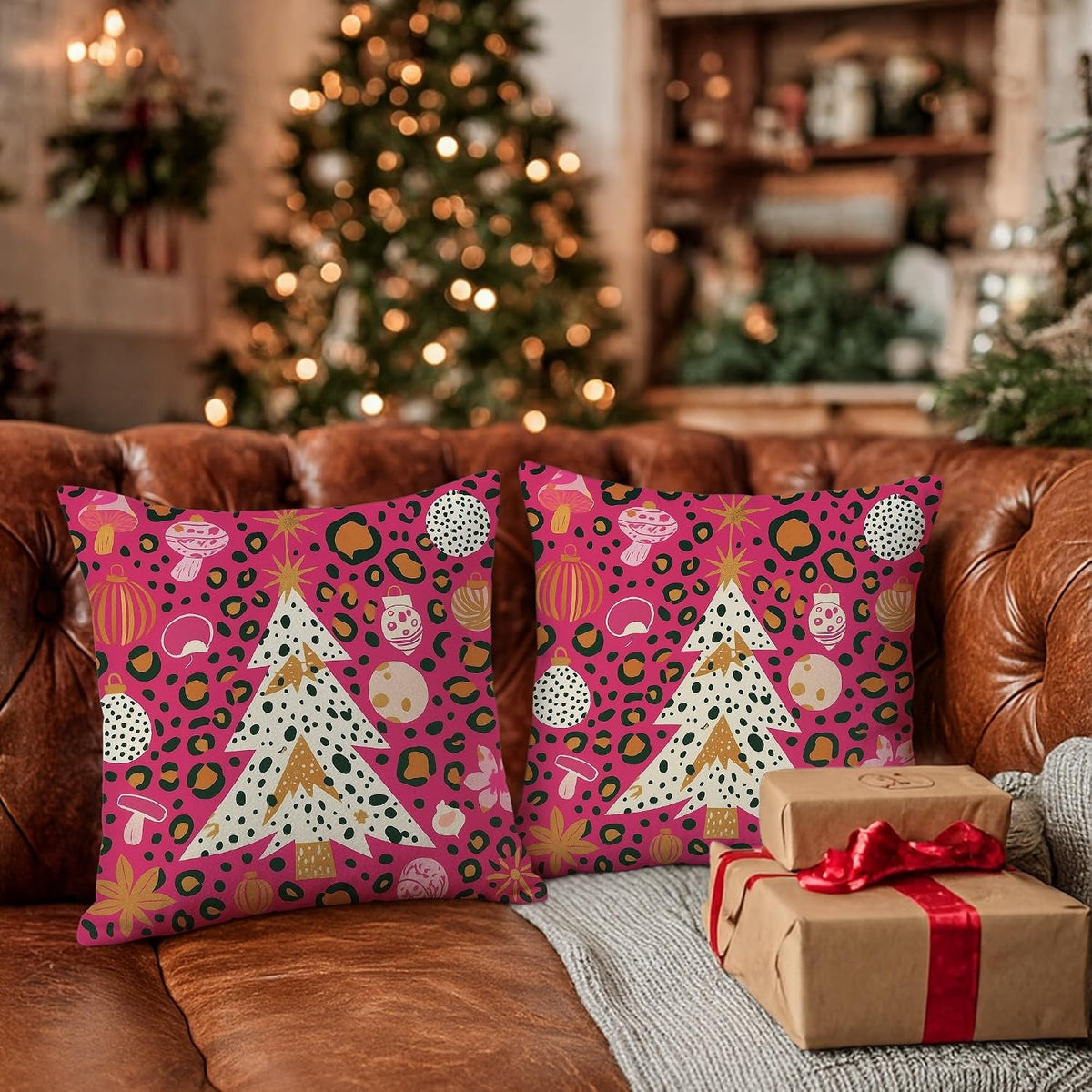 Christmas Tree Throw Pillow Covers, Festive Modern Ornaments Stars Xmas Peach Soft Velvet Washable Couch Pillow Covers for Home Bedroom Living Room Sofa Couch Decor 12x12 Inch