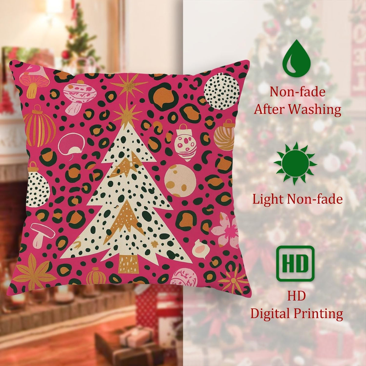 Christmas Tree Throw Pillow Covers, Festive Modern Ornaments Stars Xmas Peach Soft Velvet Washable Couch Pillow Covers for Home Bedroom Living Room Sofa Couch Decor 12x12 Inch