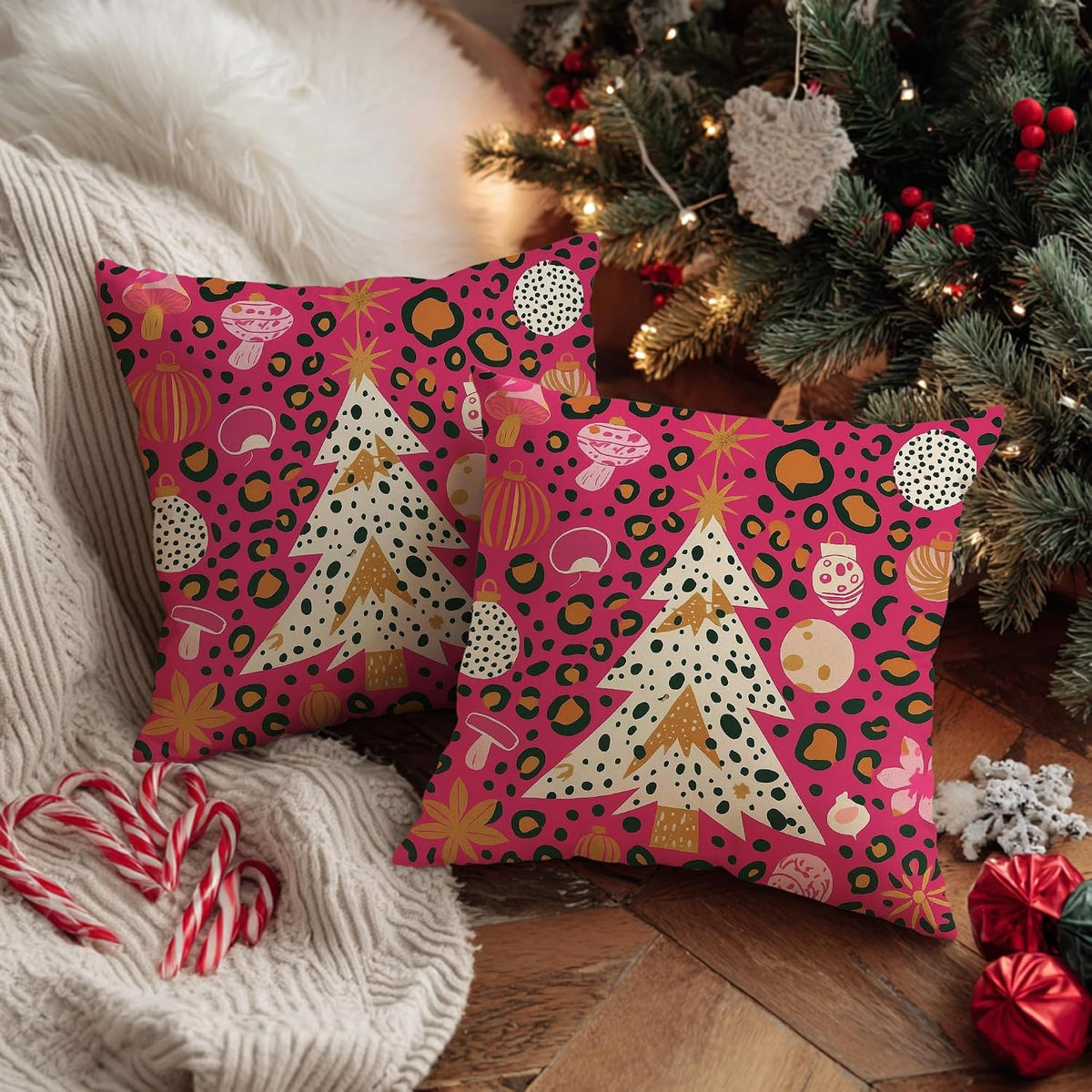 Christmas Tree Throw Pillow Covers, Festive Modern Ornaments Stars Xmas Peach Soft Velvet Washable Couch Pillow Covers for Home Bedroom Living Room Sofa Couch Decor 12x12 Inch