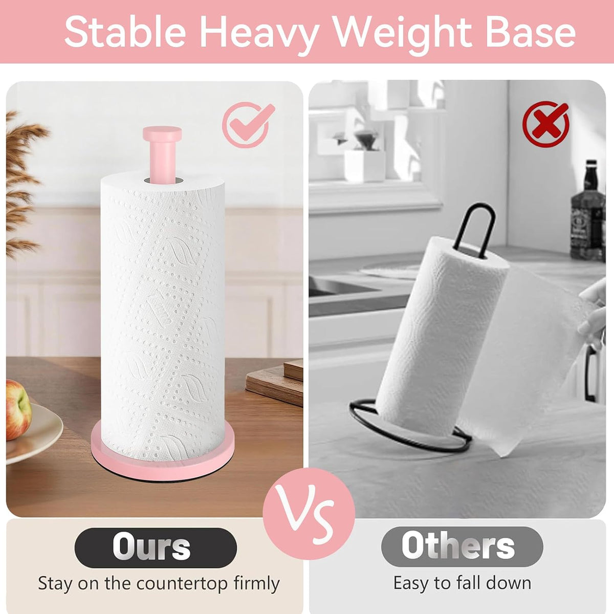 Pink Paper Towel Holder Countertop, Stainless Steel, with Weighted Base