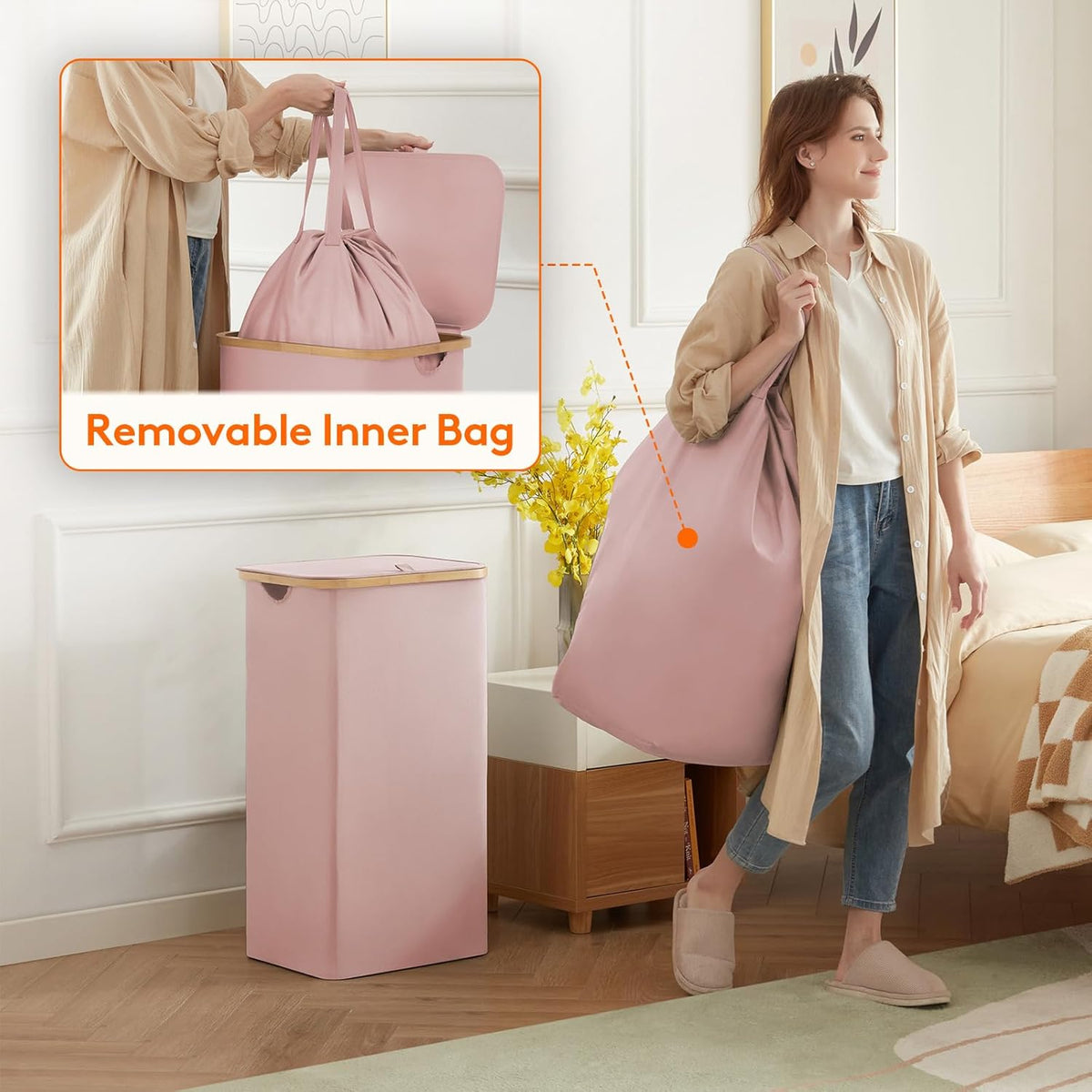 105L Large Laundry Basket with Lid, Removable Bags, Pink