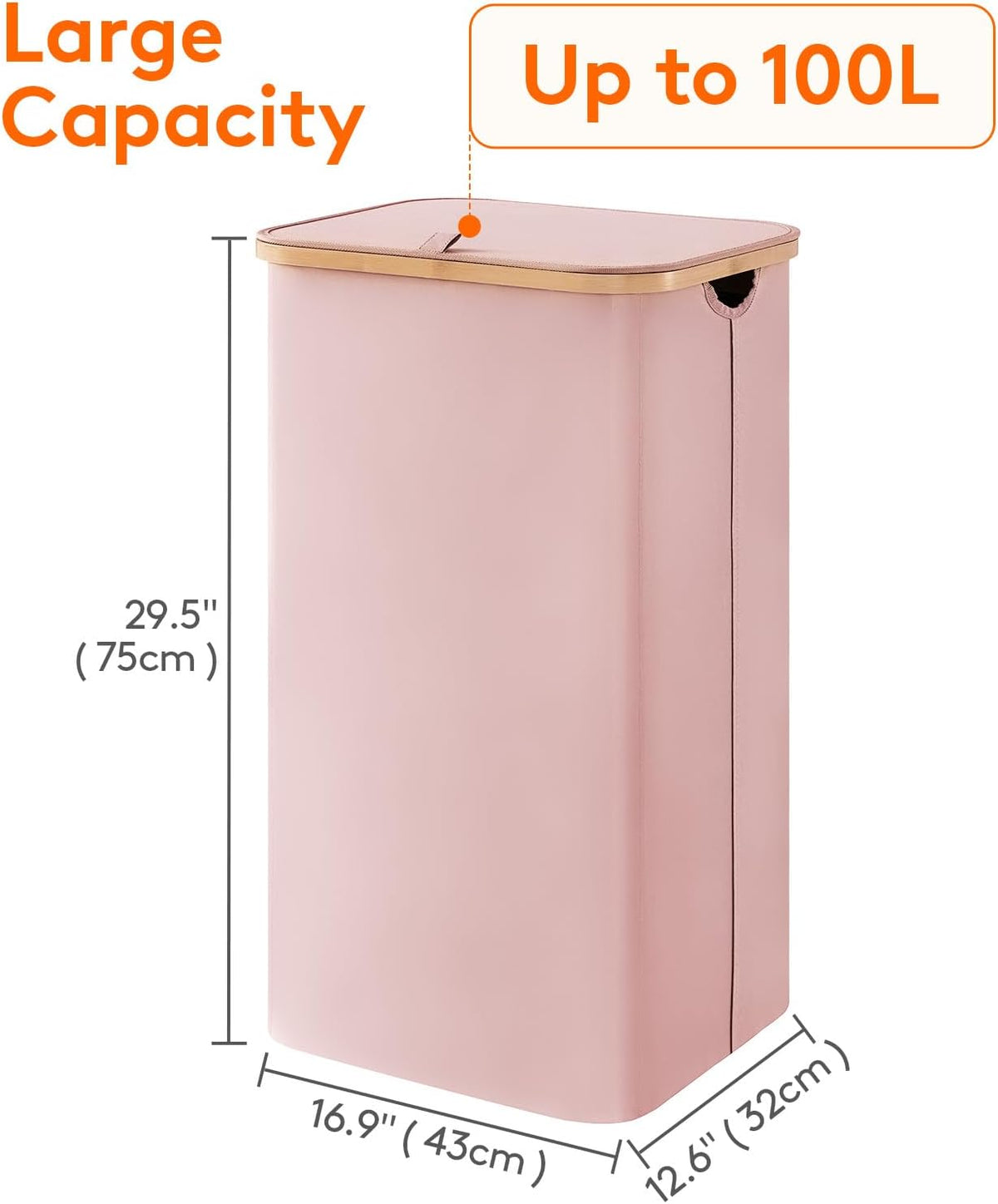 105L Large Laundry Basket with Lid, Removable Bags, Pink