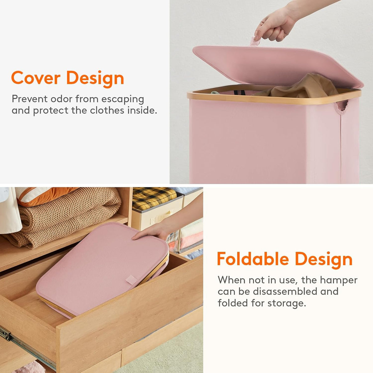 105L Large Laundry Basket with Lid, Removable Bags, Pink