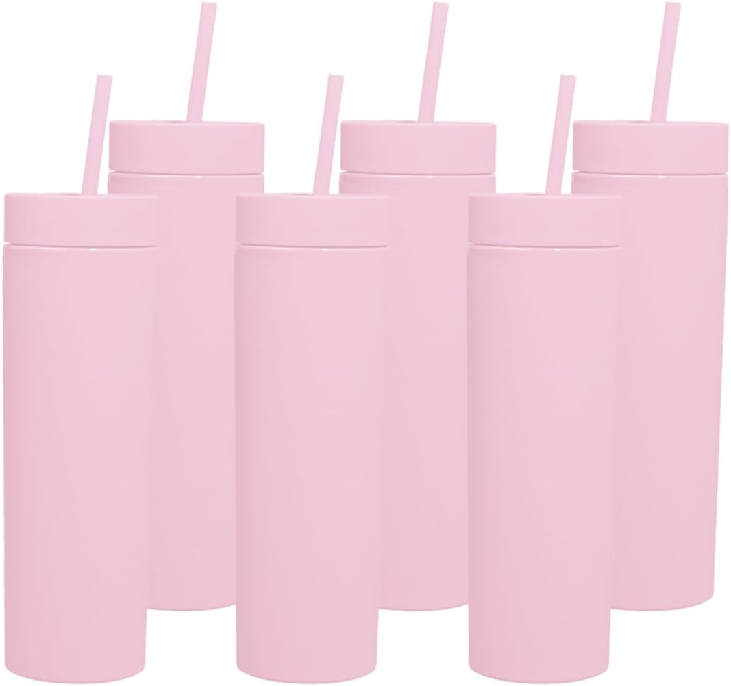 Skinny Tumblers with Lids and Straws Bulk.Matte Light Pink Slim Tumbler Cups with Straws.16 oz Plastic Pastel Double Walled Acrylic Skinny Tumblers for Smoothie Ice Coffee.Customizable DIY Gift.