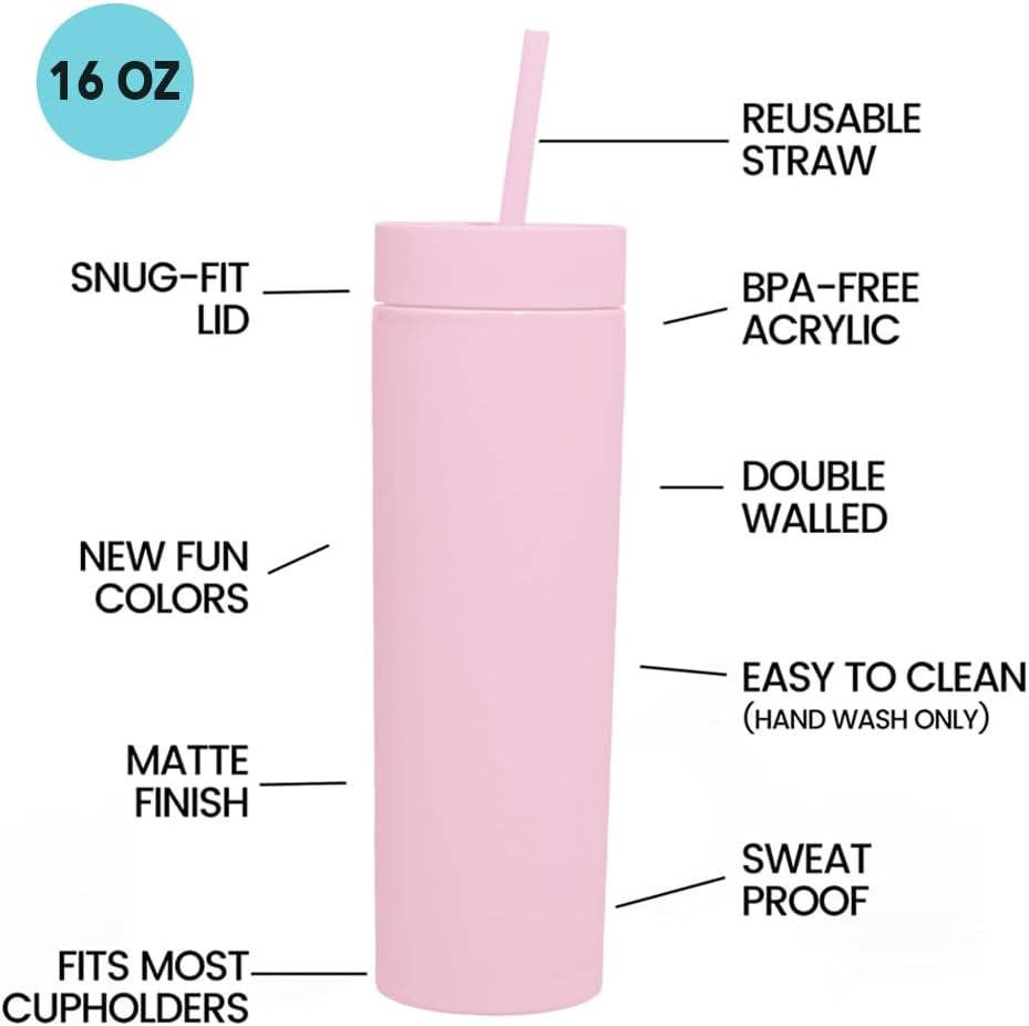 Skinny Tumblers with Lids and Straws Bulk.Matte Light Pink Slim Tumbler Cups with Straws.16 oz Plastic Pastel Double Walled Acrylic Skinny Tumblers for Smoothie Ice Coffee.Customizable DIY Gift.