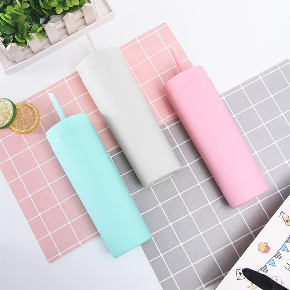 Skinny Tumblers with Lids and Straws Bulk.Matte Light Pink Slim Tumbler Cups with Straws.16 oz Plastic Pastel Double Walled Acrylic Skinny Tumblers for Smoothie Ice Coffee.Customizable DIY Gift.