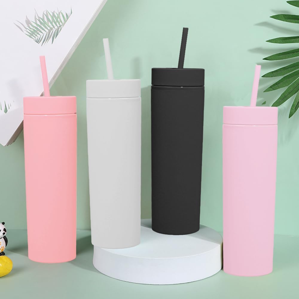 Skinny Tumblers with Lids and Straws Bulk.Matte Light Pink Slim Tumbler Cups with Straws.16 oz Plastic Pastel Double Walled Acrylic Skinny Tumblers for Smoothie Ice Coffee.Customizable DIY Gift.