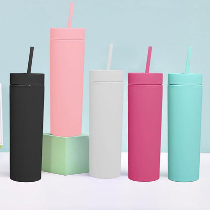 Skinny Tumblers with Lids and Straws Bulk.Matte Light Pink Slim Tumbler Cups with Straws.16 oz Plastic Pastel Double Walled Acrylic Skinny Tumblers for Smoothie Ice Coffee.Customizable DIY Gift.