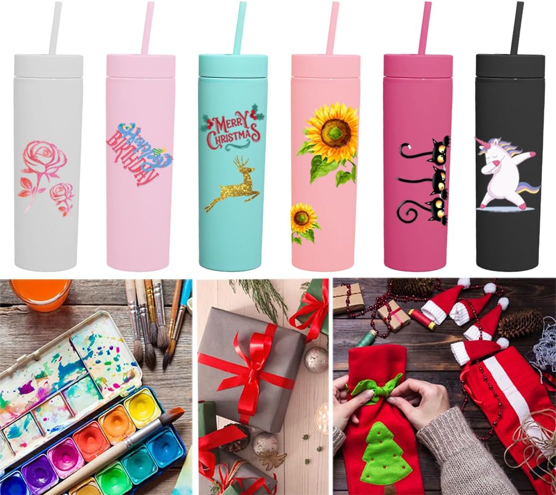Skinny Tumblers with Lids and Straws Bulk.Matte Light Pink Slim Tumbler Cups with Straws.16 oz Plastic Pastel Double Walled Acrylic Skinny Tumblers for Smoothie Ice Coffee.Customizable DIY Gift.