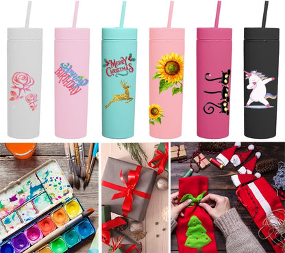 Skinny Tumblers with Lids and Straws Bulk.Matte Light Pink Slim Tumbler Cups with Straws.16 oz Plastic Pastel Double Walled Acrylic Skinny Tumblers for Smoothie Ice Coffee.Customizable DIY Gift.