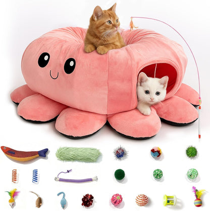 Cat Tunnel Bed with 20 Cat Toys, Kitten Toys for Indoor Kittens,Pink