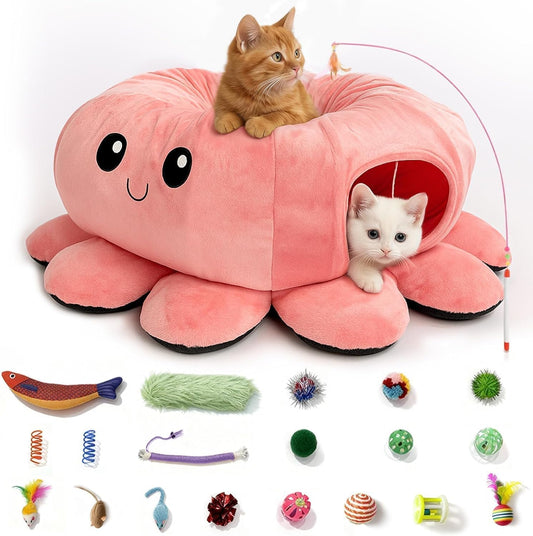 Cat Tunnel Bed with 20 Cat Toys, Kitten Toys for Indoor Kittens,Pink