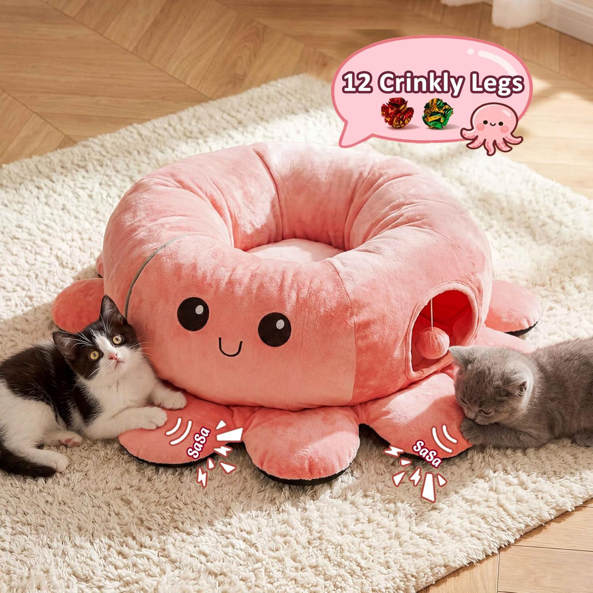 Cat Tunnel Bed with 20 Cat Toys, Kitten Toys for Indoor Kittens,Pink