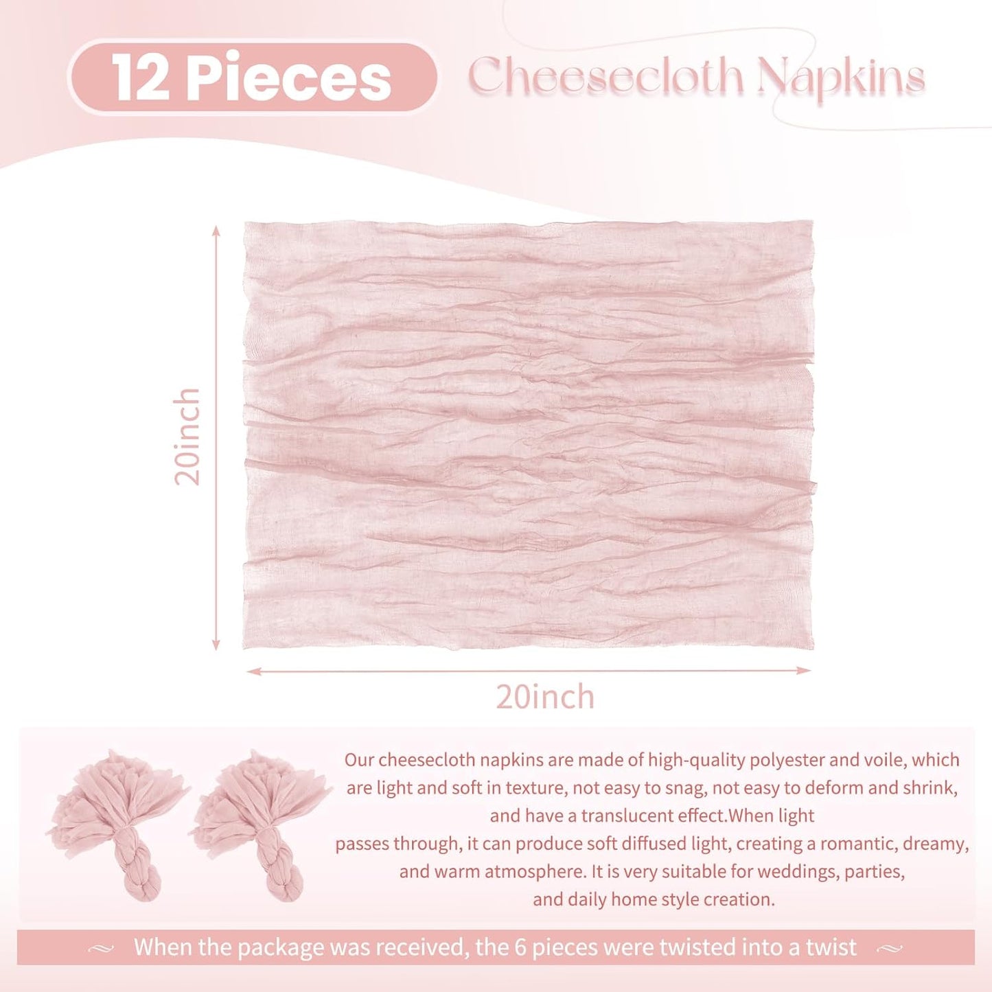 12 Pack Dusty Pink Napkins 20x20 Inch Cheesecloth Napkins Rustic Boho Gauze Dinner Napkin Cloth Washable Elegant Table Napkins for Wedding Party Bridal Baby Shower Table Decor