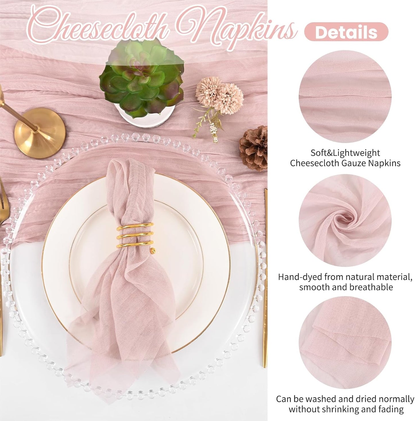 12 Pack Dusty Pink Napkins 20x20 Inch Cheesecloth Napkins Rustic Boho Gauze Dinner Napkin Cloth Washable Elegant Table Napkins for Wedding Party Bridal Baby Shower Table Decor