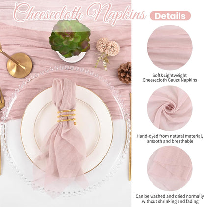 12 Pack Dusty Pink Napkins 20x20 Inch Cheesecloth Napkins Rustic Boho Gauze Dinner Napkin Cloth Washable Elegant Table Napkins for Wedding Party Bridal Baby Shower Table Decor