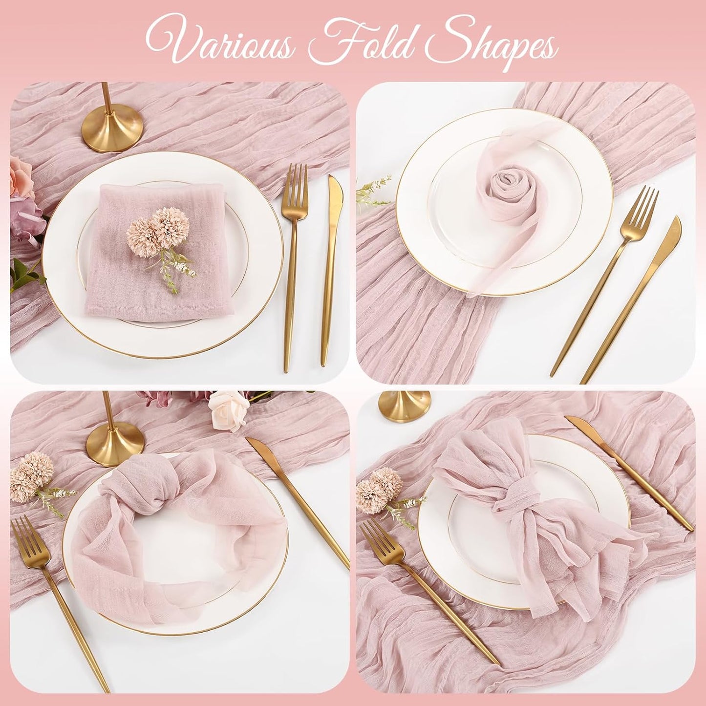 12 Pack Dusty Pink Napkins 20x20 Inch Cheesecloth Napkins Rustic Boho Gauze Dinner Napkin Cloth Washable Elegant Table Napkins for Wedding Party Bridal Baby Shower Table Decor