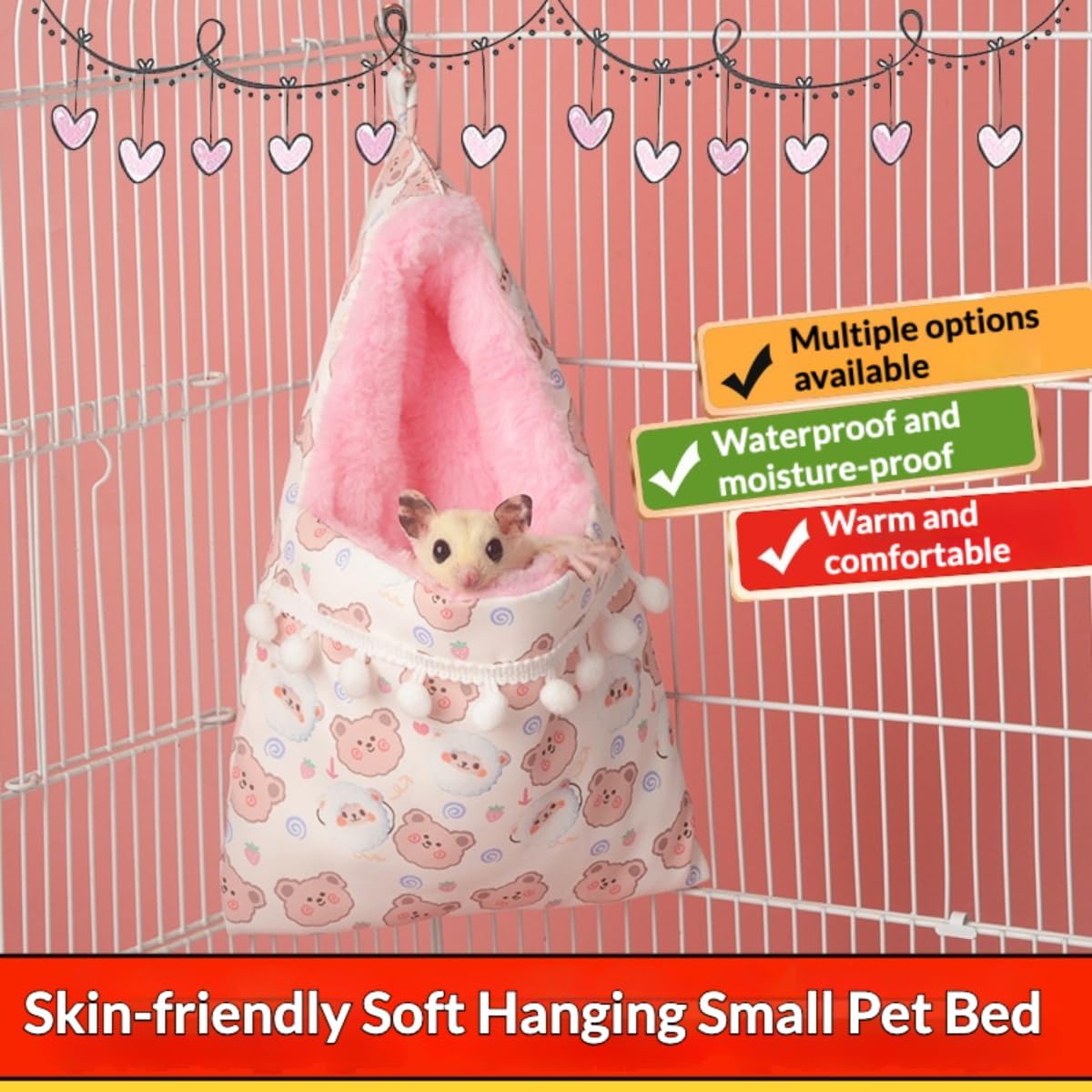 Cozy Sugar Glider Pouch Hanging Bed Warm Small Pet Cave Sleep Nest (Pink)