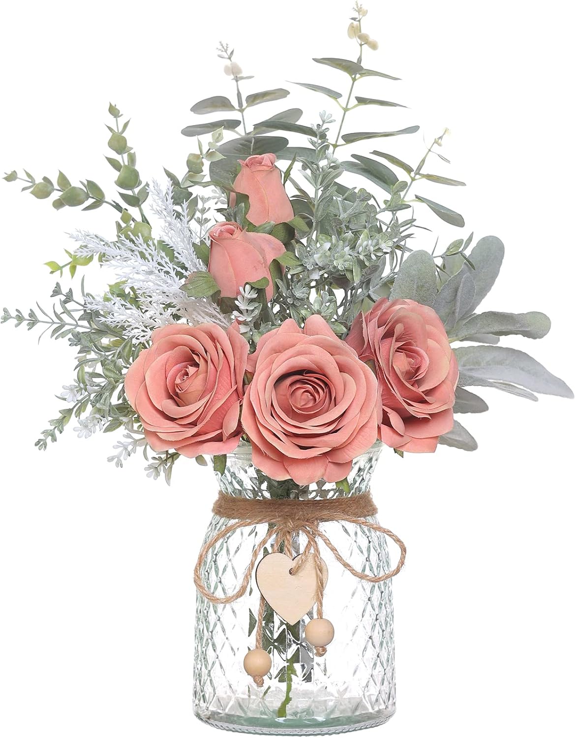 14.5" Artificial Silk Roses with Vase for Home Decoration (Dusty Pink)
