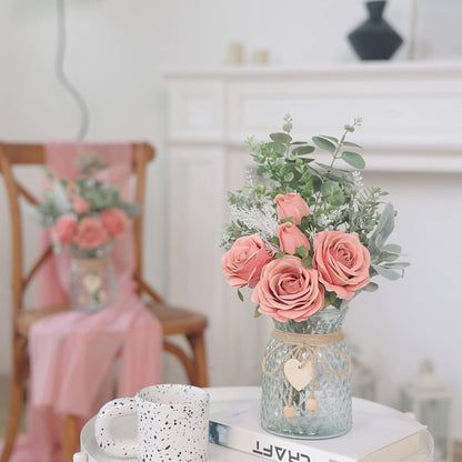 14.5" Artificial Silk Roses with Vase for Home Decoration (Dusty Pink)