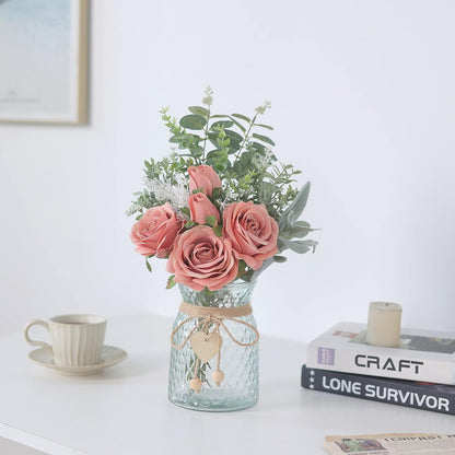 14.5" Artificial Silk Roses with Vase for Home Decoration (Dusty Pink)
