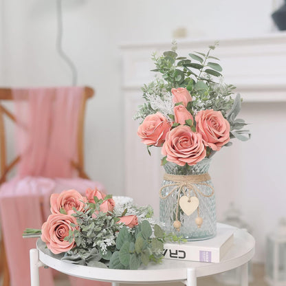 14.5" Artificial Silk Roses with Vase for Home Decoration (Dusty Pink)
