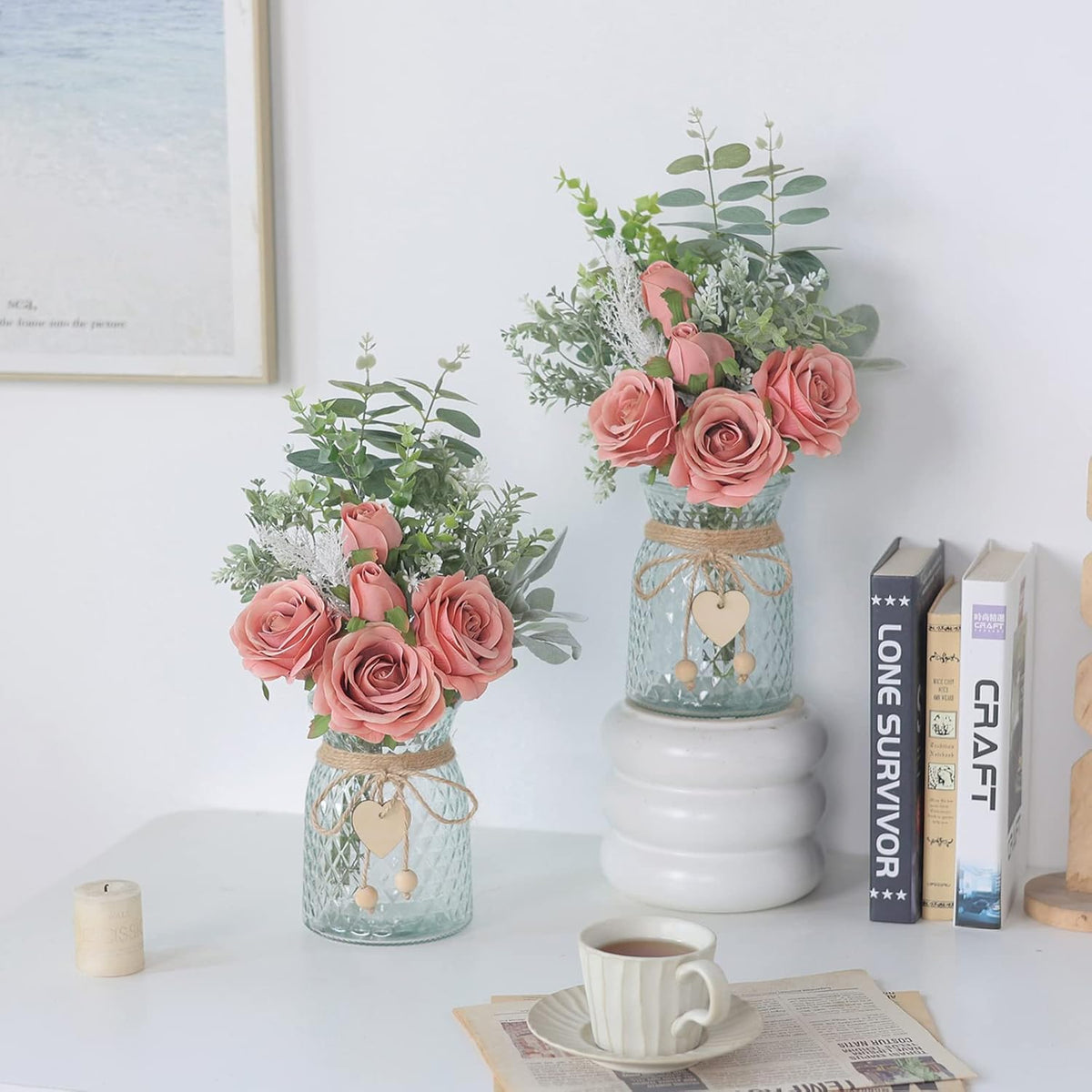 14.5" Artificial Silk Roses with Vase for Home Decoration (Dusty Pink)