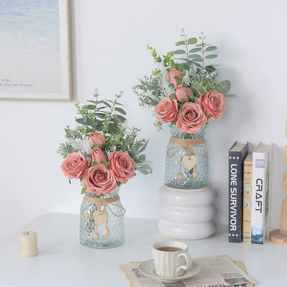 14.5" Artificial Silk Roses with Vase for Home Decoration (Dusty Pink)