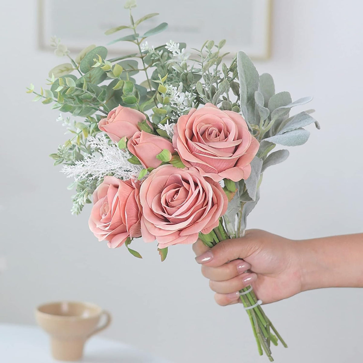 14.5" Artificial Silk Roses with Vase for Home Decoration (Dusty Pink)