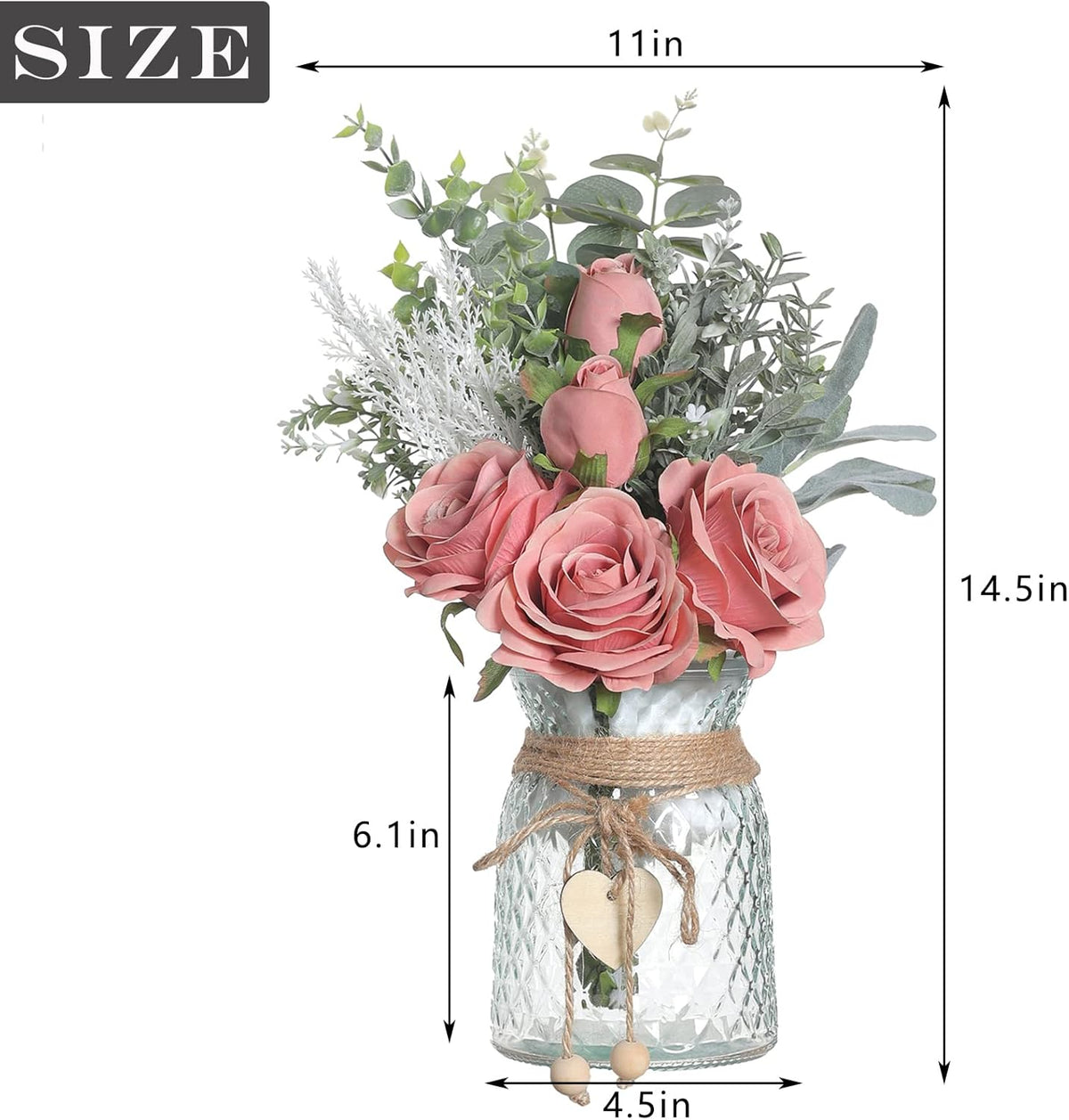 14.5" Artificial Silk Roses with Vase for Home Decoration (Dusty Pink)