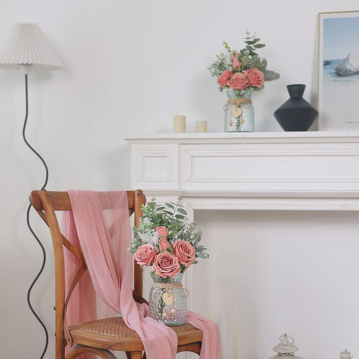 14.5" Artificial Silk Roses with Vase for Home Decoration (Dusty Pink)