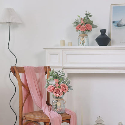 14.5" Artificial Silk Roses with Vase for Home Decoration (Dusty Pink)