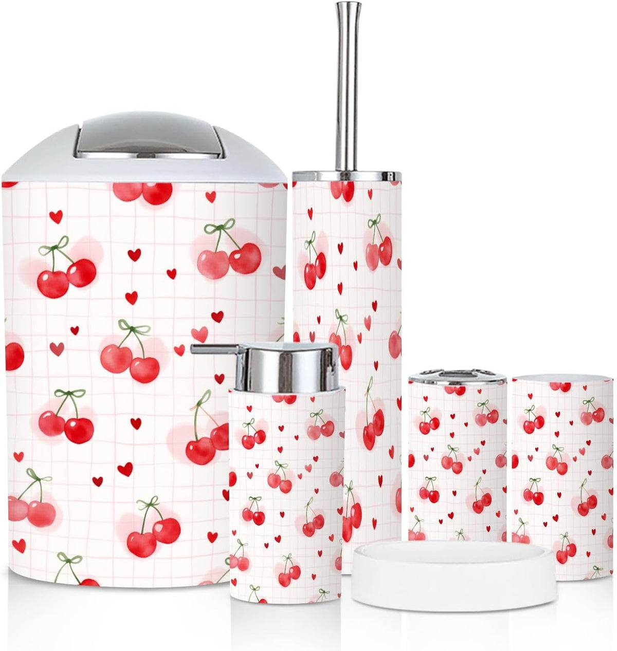 Bathroom Accessory Set 6PCS Cherries Heart Soft Pink Trash Can, Soap Dispenser, Toothbrush Holder, Toothbrush Cup, Toilet Brush Holder, Soap Dish for Gifts