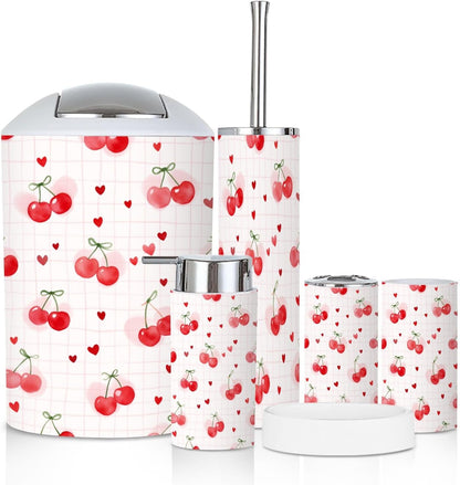Bathroom Accessory Set 6PCS Cherries Heart Soft Pink Trash Can, Soap Dispenser, Toothbrush Holder, Toothbrush Cup, Toilet Brush Holder, Soap Dish for Gifts