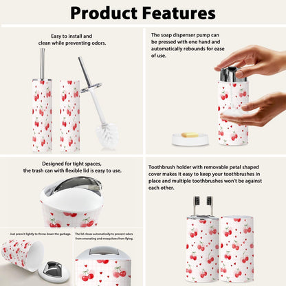 Bathroom Accessory Set 6PCS Cherries Heart Soft Pink Trash Can, Soap Dispenser, Toothbrush Holder, Toothbrush Cup, Toilet Brush Holder, Soap Dish for Gifts