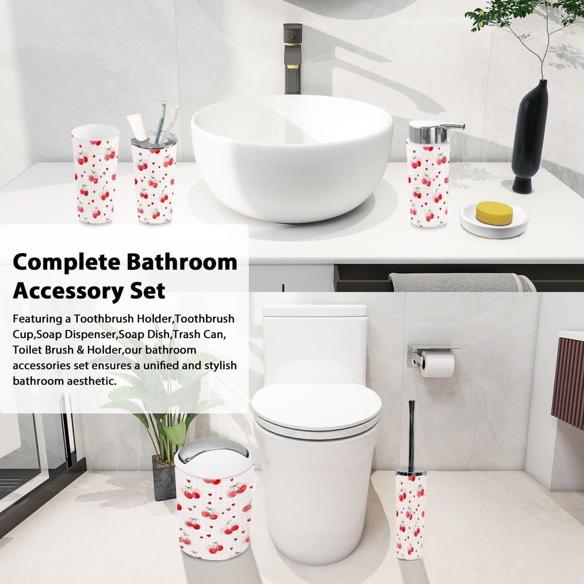 Bathroom Accessory Set 6PCS Cherries Heart Soft Pink Trash Can, Soap Dispenser, Toothbrush Holder, Toothbrush Cup, Toilet Brush Holder, Soap Dish for Gifts