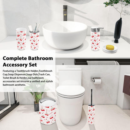 Bathroom Accessory Set 6PCS Cherries Heart Soft Pink Trash Can, Soap Dispenser, Toothbrush Holder, Toothbrush Cup, Toilet Brush Holder, Soap Dish for Gifts