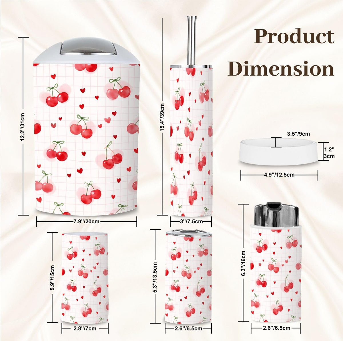 Bathroom Accessory Set 6PCS Cherries Heart Soft Pink Trash Can, Soap Dispenser, Toothbrush Holder, Toothbrush Cup, Toilet Brush Holder, Soap Dish for Gifts