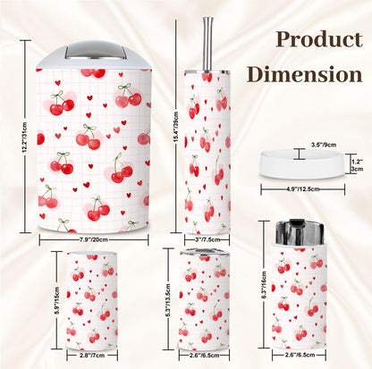 Bathroom Accessory Set 6PCS Cherries Heart Soft Pink Trash Can, Soap Dispenser, Toothbrush Holder, Toothbrush Cup, Toilet Brush Holder, Soap Dish for Gifts