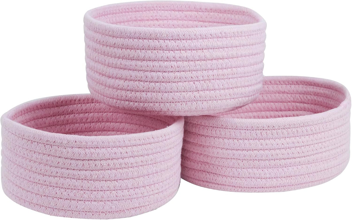 Small Woven Cotton Rope Baskets, Set of 3, Pink