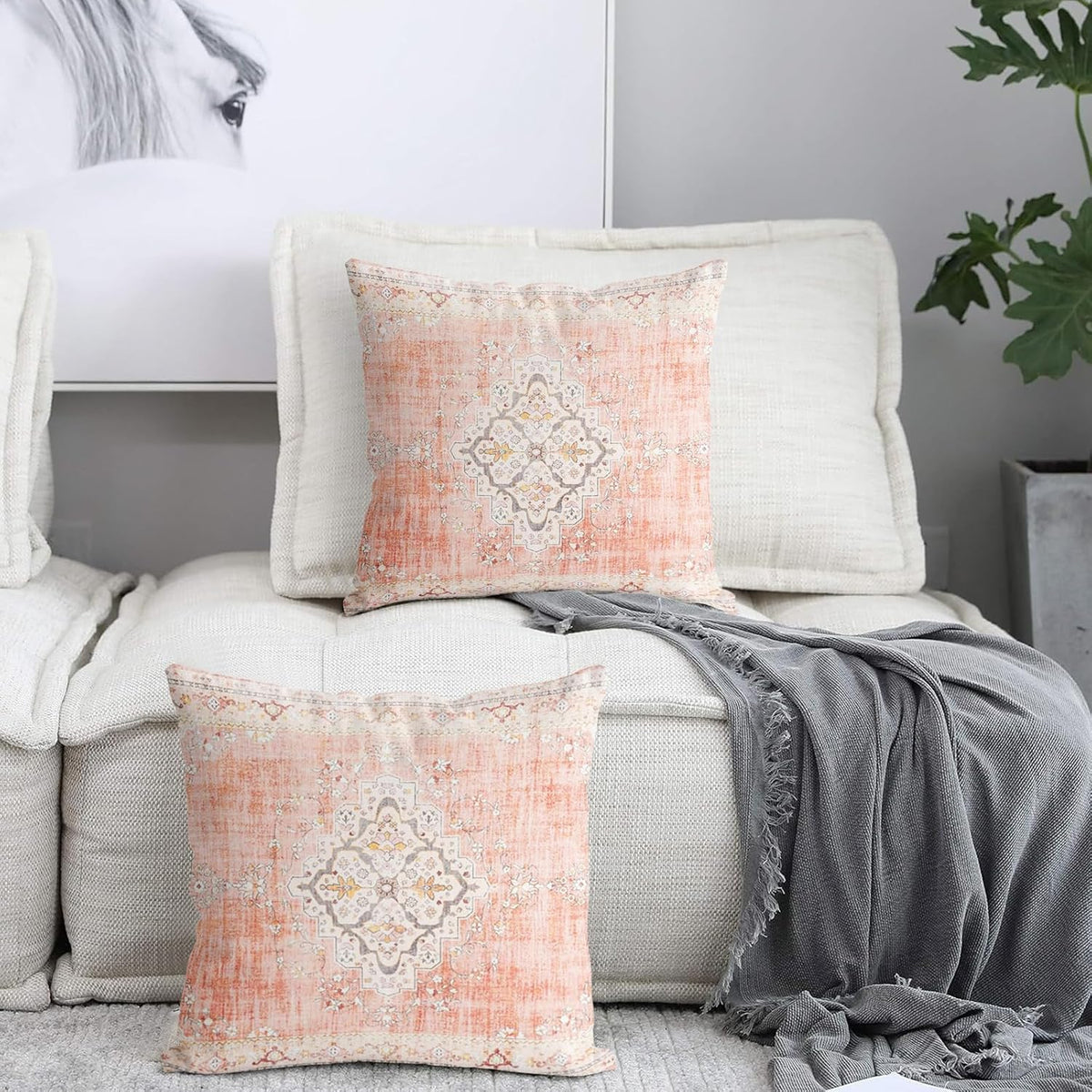Boho Throw Pillow Covers 18x18 inch Set of 2 Bohemian Carpet Throw Pillows for Couch Light-Pink Decorative Pillow Cases Farmhouse Home Decor for Sofa Porch Patio Bed Room Outdoor